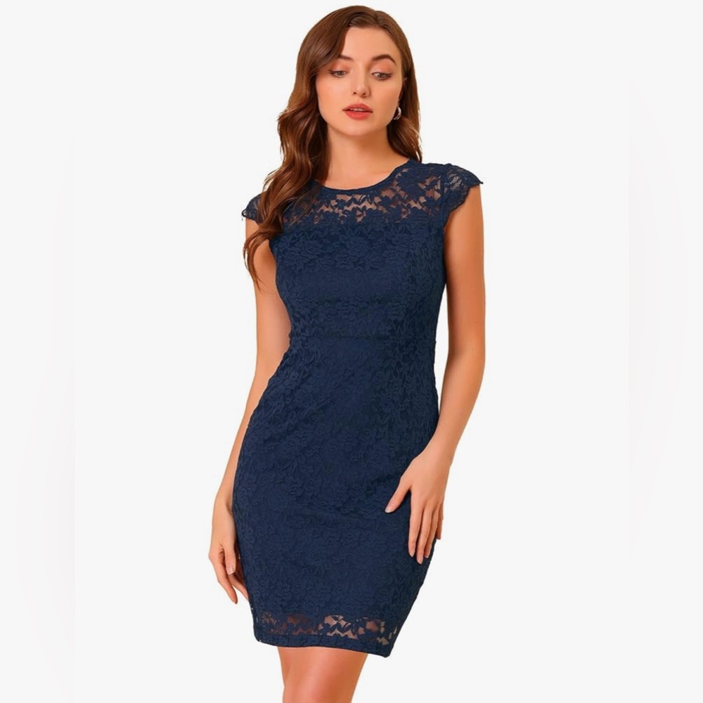 NWT Allegra K Navy Blue Flutter Sleeve Sheath Dress